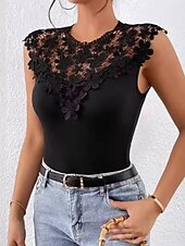 billiga Enkel linne-Dam Camisole linne Ensfärgat Elegant Dagligen Stylish Ärmlös Rund hals Vanliga toppar Dagligen Ihålig Svart Sommar Vår