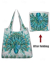 abordables Cabas et fourre-tout-Sac fourre-tout pliable à imprimé paon pour femme - Sac de courses réutilisable de grande capacité avec un design aquarelle élégant, léger et élégant, idéal pour un usage quotidien, les voyages et les achats écologiques