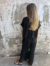 cheap Sets-Women&#039;s Active Basic Cotton Linen Sets Short Sleeve Crew Neck Solid Color Ruffle Casual Daily Black Army Green Orange Summer Regular Fit
