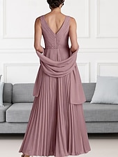 abordables Longueur du plancher-Ligne A Robe de Mère de Mariée  robe demoiselle d honneur Élégant Col en V Longueur au sol Chiffon Sans manches Echarpe incluse avec Perlage Fronces 2025