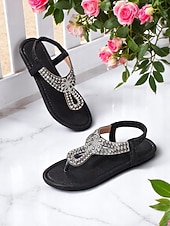 economico Sandali Piani-Sandali piatti da donna con cinturino a T e strass – comodi elastici, per le vacanze estive in spiaggia, da indossare tutti i giorni e per outfit estivi casual