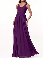 baratos Vestidos para Madrinhas-Vestido de Dama de Honra A-Line Decote V Sem Mangas Elegante Comprimento Total Chiffon com Plissado  Franzido