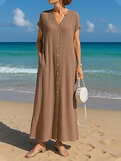 tanie Białe Sukienki Codzienne-Damskie Sukienka maxi Sukienka letnia Sukienka A line Codzienny Boho Styl plażowy Codzienny Regularny Czyste kolory Krótki rękaw W serek Biały Niebieski Żółtobrązowy Fioletowy Lato