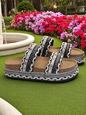 preiswerte Rutschsandalen-Damen-Sandalen im Boho-Stil in Blau mit Webmuster – Plateau-Slipper im Ethno-Stil für Strandurlaube und lässige Sommeroutfits