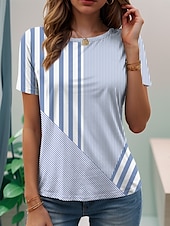 billige Stripe og geometrisk t-skjorte-Dame T skjorte Grafisk Geometrisk Årgang Stilfull Klassisk Kortermet Crew-hals Vanlige topper Daglig Helg Strand Klær Trykt mønster Rosa Blå Lilla Grønn Grå Sommer Vår