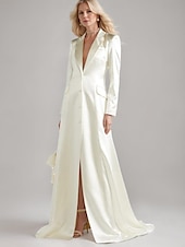 preiswerte Bodenlänge-Blazer Kleid A-Linie Brautmutterkleid Smokingkleid Elegant Einfach Luxuriös V-Ausschnitt Mit Revers Bodenlang Satin Langarm mit Falten