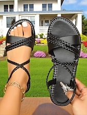 voordelige Platte Sandalen-Bruine sandalen met gevlochten bandjes voor dames – casual open teen sandalen in boho-stijl voor de zomer, voor dagelijks gebruik, strandvakanties en uitstapjes in de buitenlucht