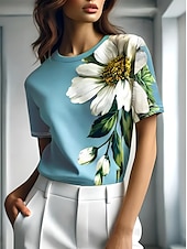 ieftine tricou floral-Pentru femei Tricou Floral Grafic Plante Epocă Stilat Clasic Manșon scurt Stil Nautic Rotund Topuri obișnuite Zilnic Sfârșit de săptămână Imprimeu Negru Albastru piscină Mov Trifoi Gri Vară Primăvară
