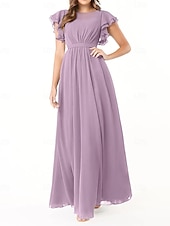 baratos Vestidos para Madrinhas-Vestido de dama de honra em corte A, gola redonda, manga longa, elegante, longo, chiffon com pregas / franzido 2025