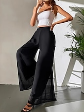 abordables jambe large et taille haute-Femmes Jambe large Chinos Vacances ancien Mode Longueur complète Taille haute Uni Avec Poches Ceinture Élastique Confortable Doux Micro-Élastique Extérieur Rue Noir Été Printemps Coupe Ample