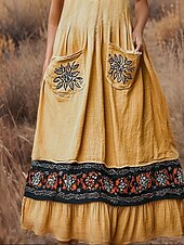 tanie Sukienki boho-Damskie Długa sukienka sukienka maxi Codzienne sukienki Sukienka rozkloszowana Letnie sukienki Sukienka Boho Zabytkowe Urlop Codzienny Święto Regularny Kwiaty Bez rękawów W serek Żółty Lato