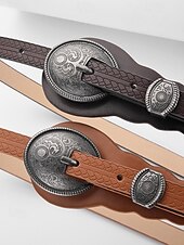 economico Cintura da donna-Cintura da donna in similpelle intagliata in stile western con fibbia vintage in argento per abiti boho, concerti estivi e abiti da sposa in stile country