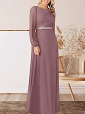 abordables Longueur du plancher-Robe A-Ligne pour Mère de la Mariée Invité de Mariage Élégante Col Arrondi Longueur Sol Chiffon Manches Longues avec Perles Ruché
