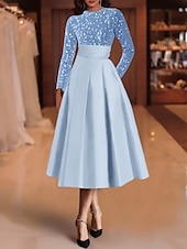 economico Abiti da cocktail-Abiti da cocktail A-line in paillettes elegante abito invitata a matrimonio lunghezza tè maniche lunghe scollo a gioiello in raso con pieghe abiti Derby 2025