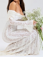 levne Bílé krajkové šaty-Dámské Dlouhé šaty Maxi šaty Krajkové šaty Šaty na ples Šaty na párty Elegantní Módní Párty Zvláštní příležitosti Večerní oslava Běžný Bez vzoru Dlouhý rukáv Pod rameny Černá Bílá Léto