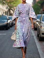 abordables Robes fleuries élégantes-Femmes Robe Midi Robe Fleurie Robe Imprimée Élégant Mode Extérieur Vacances Sortir Coupe régulière Fleur Demi Manches Col ras du cou Violet Claire Violet Fuchsia Été