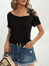 preiswerte Einfarbiges T-Shirt-Damen T Shirt Einfach Mode Modern Lässig Kurzarm V Ausschnitt Normale Oberteile Täglich Wochenende Patchwork Bestickt Schwarz Weiß Braun Grün Sommer Frühling
