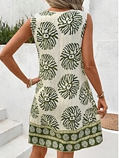 abordables Robes Boho-Femmes Mini Robe Robe d&#039;Été Vacances Boho Sortir Plage Coupe Standard Fleuri Graphique Paisley Sans manches Col Rond Noir Vert Été Printemps