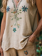 economico Camicie-Per donna Camicie di cotone e lino Camicia Boho Set ispirati al lino Blusa Fiore Moderno Boho Senza Maniche Scollo a V Top Regolari Quotidiano Uscire Stampato Albicocca Estate