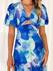 abordables Robes Floraux Imprimés-Femmes Robe Midi Robe Fleurie Robe bohème Robe Imprimée Mode Moderne Vacances Fête Sortir Coupe régulière Fleur Manche Courte Col en V Bleu Vert Été