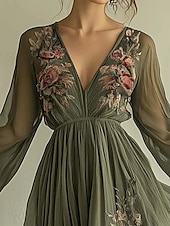 abordables Robes Boho-Femmes Robe maxi Robe trapèze Occasionnel Extérieur Sortir Coupe régulière Fleuri Graphique manche longue Col en V Vert Été