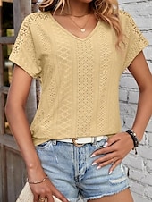 abordables T-shirt uni-Femmes T-shirt Uni Mode Moderne Occasionnel Manche Courte Col en V Hauts Réguliers Quotidien Week-end Œillet Noir Blanche Jaune Rose Claire Été