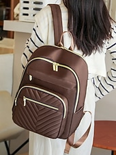 preiswerte Mode Rucksäcke-wasserabweisender Damen-Reiserucksack aus Nylon mit gesteppter Fronttasche, goldenen Reißverschlüssen und Gepäckgurt für Business-, Schul- und Wochenendausflüge