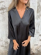 abordables concevoir des robes en coton et lin-Femmes Robe Longue Maxi Robe Robes en polycoton et lin texturé Robe Décontractée Robe d&#039;été Classique Moderne Quotidien Week-end Coupe régulière Uni Manche 3/4 Col en V Noir Marron clair Grise Été