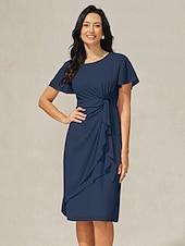 baratos Vestido Simples-Mulheres Vestido Em Camadas Vestido midi Chiffon Nó torcido Convidado do casamento Coquetel Elegante Formal Gola Redonda Manga Curta Borboleta Azul Escuro Cor