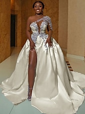 preiswerte Luxuriöse Hochzeitskleider-Formelle Hochzeitskleider Ballkleid ein Schulter reguläre Träger Schleppe Satin Brautkleider mit Perlen Schlitz vorne
