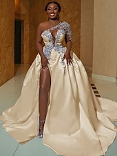 preiswerte Luxuriöse Hochzeitskleider-Formelle Hochzeitskleider Ballkleid ein Schulter reguläre Träger Schleppe Satin Brautkleider mit Perlen Schlitz vorne