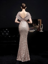 billige Semi-formell / Cocktail-Mermaid  trumpet quinceanera kjoler elegant kjole formell bryllup gulvlengde kortermet V-hals paljett med paljett