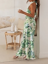 cheap Print Floral Dresses-Women's Long Dress Maxi Dress Floral Dress Halter Neck Dress Fashion Modern Vacation Going out Weekend Regular Fit Flower Sleeveless Halter Neck Yellow Pink Green Summer