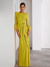 economico GIALLO-Abito da sera con colonna di piume, in crêpe elasticizzato, elegante, formale, da sposa, lungo fino al pavimento, manica lunga, scollo rotondo, staccabile, 2025
