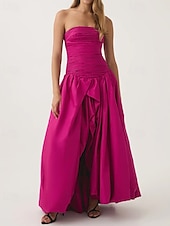 preiswerte Abendkleider-Pinkes A-Linien-Abendkleid, Bubble-Kleid, formelles, halbformelles Hochzeitskleid, bodenlang, ärmellos, trägerlos, Taft mit gerüschtem Schlitz, 2025