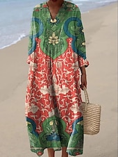abordables Robes Rayés et Géométriques-Femmes Robe Midi Robe d&#039;Été Robe trapèze Vacances Occasionnel Boho Soirée Sortir Plage Fleuri Graphique manche longue Col en V Rose Claire Blanche Vert Claire Rose Claire Été Printemps