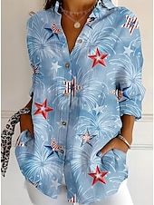 cheap Independence Day Top-Independence Day Women&#039;s Patriotic Fourth of July Shirt Graphic Flag USA Vintage Daily Stylish Long Sleeve Shirt Collar Regular Tops Work Daily Buttons Print Denim Blue Black Red Blue Summer Spring