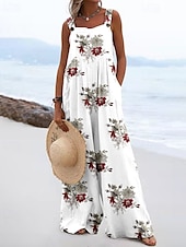 preiswerte lässige Overalls-Damen Jumpsuit Latzhose Streetwear Blumenmuster Ärmellos U-Ausschnitt Taschendruck Alltag Ausgehen Regular Fit Rosa Braun Beige Sommer