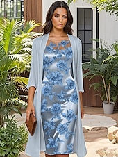 baratos Com jaqueta-Vestido de mãe da noiva de duas peças, elegante, simples, luxuoso, com decote redondo, comprimento chá, cetim, manga curta, com jaqueta de chiffon 2025