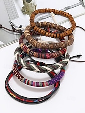 levne Pánské šperky-Pánská sada vícevrstvých pletených korálkových náramků v boho stylu, různé materiálové provedení - dřevo, kůže a provaz, kmenový styl, plážové a běžné nošení