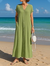 tanie Białe Sukienki Codzienne-Damskie Sukienka maxi Sukienka letnia Sukienka A line Codzienny Boho Styl plażowy Codzienny Regularny Czyste kolory Krótki rękaw W serek Biały Niebieski Żółtobrązowy Fioletowy Lato