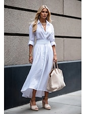 economico Abiti casual bianchi-Per donna Abito Lungo Maxi Abito Vestito a ruota Elegante Uscire Vestibilità regolare Colore Puro Manica Lunga Scollo a V Nero Bianco Autunno