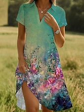 cheap Floral Dress-Women&#039;s Midi Dress Wrap Dress A Line Dress Vacation Casual Boho Going out Standard Fit Floral Graphic Short Sleeve V Neck White Green Khaki Summer