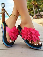 voordelige Slide Sandalen-Regenboog platform slippers voor dames met grote roze bloem, kleurrijke strandsandalen voor vakantie, tieners en jongvolwassenen, zomerse casual stijl