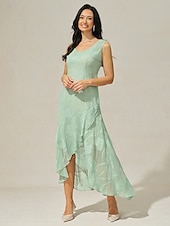 abordables Robe de cocktail-Femmes Robe maxi Robe à Volants Élégant Mariage robe demoiselle d honneur Soirée Fleuri Sans manches Col en U Vert cendré Été Printemps