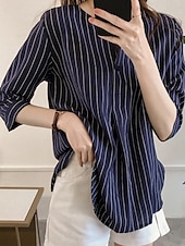 abordables Tops à Rayures et Géométriques pour Femmes-Femmes Chemise Rayé Élégant Occasionnel Manche 3/4 Col ras du cou Hauts Réguliers Quotidien Boutons Imprimé Blanche Rose Claire bleu marine Bleu clair Été