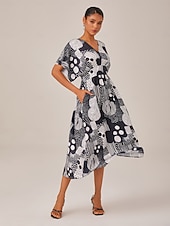 economico Abiti floreali-nero  &amp;abito midi con scollo a V e pois astratti bianchi