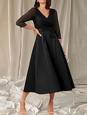 cheap Tea Length-A-Line Mother of the Bride Dress Wedding Guest Elegant Sweet V Neck Tea Length Satin Half Sleeve with Sash / Ribbon Beading Ruching 2025