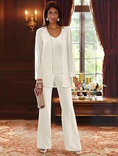 voordelige Broekpakken van mama-Strand Bruiloft Jumpsuit  Broekpak 3-delig Moeder van de Bruid Formele Bruiloft Gast Elegante V-Hals Vloerlengte Chiffon Kant Lange Mouw Jas met Apliques 2025