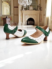 cheap Victorian &amp; Edwardian-Women's 1900s Edwardian Vintage Gatsby Mary Jane Shoes-Green and White Leather Cutout Heels with Scalloped Edge, Perfect for Historical Costumes, Retro Parties, and Daily Wear